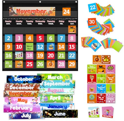 Classroom Calendar Pocket Chart with 88 Cards - Ideal for Homeschool, Classroom & Office, Durable Nylon Wall Hanging Calendar for Early Learning (Black)
