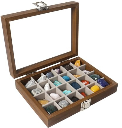 Dmnnlp 24 Grids Rock Display Case, Wooden Rock Collection Box with Clear Glass Lid, Storage Display Boxes for Collectables Gemstone Fossil Crystal Stone Jewellery (Dark Brown)