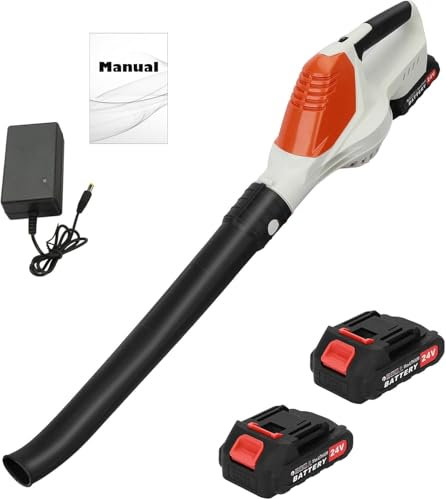 Soplador de hojas inalámbrico de 24 V con 2 baterías y cargador, soplador de batería ligera eléctrica para jardín, limpieza de hojas, nieve, polvo