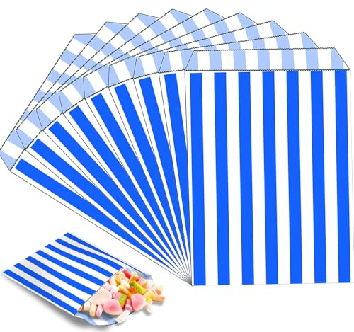 100 st blå söta väskor, liten randig godisväska, 13 cm x 18 cm sötnos |popcorn|bröd |smörgås|kakpåse, festväskor för mellanmål, godis, tårtgåva, bröllop, födelsedagsfest, jul