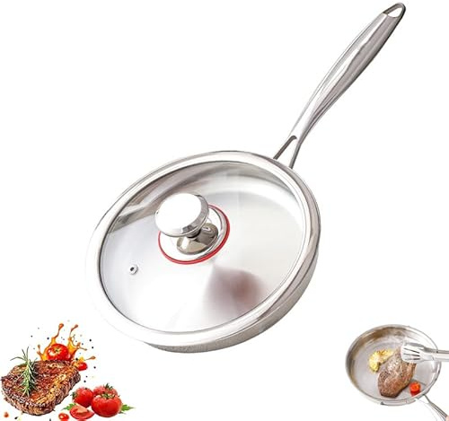 Panna i rostfritt stål, panna rostfritt stål obelagd med lock, stekpanna induktion, rostfritt stål, non-stick-beläggning, lätt rengöring, hållbar, lämplig för alla typer av spisar (med lock, 26 cm)