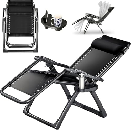 Reclining Sun Lounger Chair – Adjustable Headrest, Cup & Phone Holder, Padded Pillow – Foldable Outdoor Garden Deck Chair for Patio, Camping & Beach – Black (1, Black)