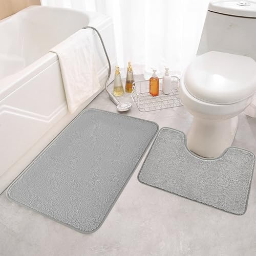Juego de 2 alfombrillas de baño de microfibra, antideslizantes y con recorte, lavable, juego de alfombrillas de baño pequeñas para bañera, inodoros independientes, 50 x 80 + 50 x 40 cm, gris