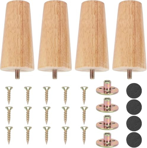 Luabue 4 Piezas 10cm Conicas Patas de Madera con Placa de Montaje Tornillos y Protector Antideslizante para Muebles de Sofa, Mesa, Reemplazo