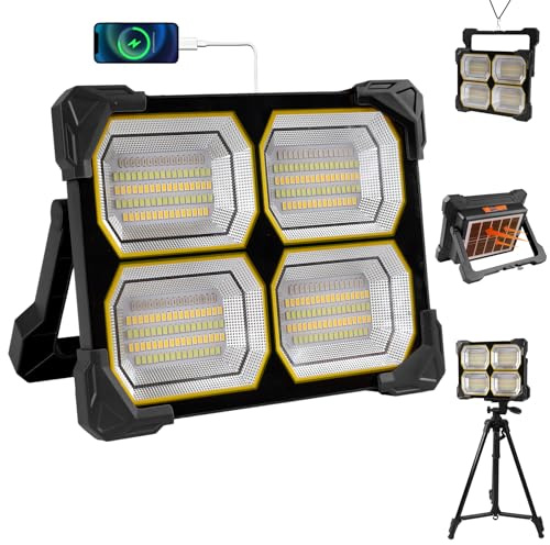 Faro LED Ricaricabile 300W, Faretto LED Ricaricabile 26000mAh con Pannello Solare, 5 Modalità di Illuminazione, Faro a Batteria Ideale per Campeggio, Lavoro, Pesca