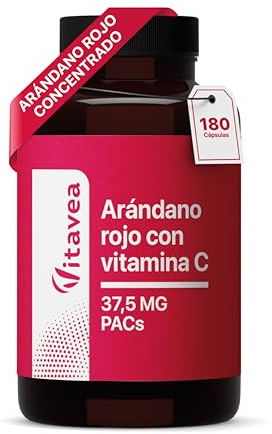 Arándano rojo con vitamina C - 1250 mg de polvo de zumo de arándano rojo por dosis diaria - 37,5 mg de proantocianidinas (PACs) -180 cápsulas veganas - Sin aditivos innecesarios - Vitavea
