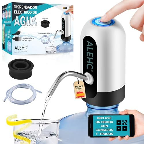 ALEHC® Dispensador de Agua Eléctrico para Garrafas - 8-20L – Bomba de Agua Recargable USB-C con Manguera de Silicona Alimentaria y Adaptador – Portátil para Casa, Oficina, Camping – Sin BPA
