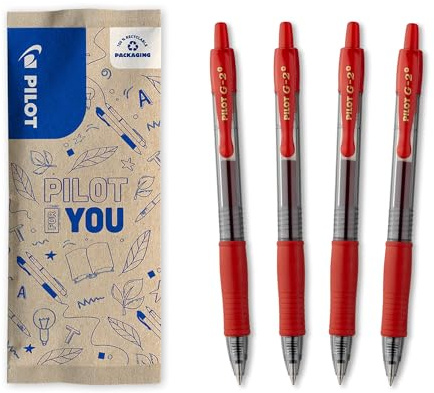 PILOT - Set di 4 G2 Plus - Penne Roller a Inchiostro Gel - Retrattili e Ricaricabili - Ideali per Correzioni e Insegnanti - Eccellente Comfort di Scrittura - Rosso - Punta Media