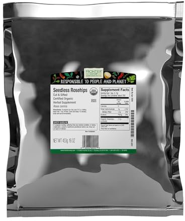 Frontier Co-op Organic Seedless Rosehips, Cut and Sifted - 100% Natural Dried Rose Hips for Rosehip Tea Organic, Powder, Oil - Kosher | 16 Ounce (Pack of 1)