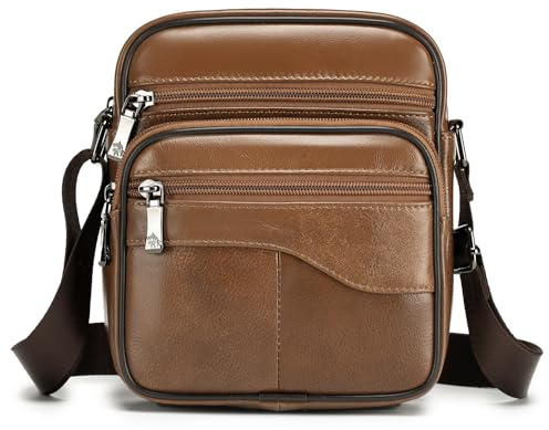 BAGZY - Bolso bandolera para hombre, de piel Veritable, pequeño bandolera, para hombre, bolso, bandolera, bolsos, negocios, mochilas, usadas, traves, bolsas de mano, viaje, Marrón+18x20x7cm, 19 x 22 x