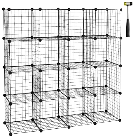 WOLTU Regalsystem, Steckregal Regalwürfel individuell aufstellbar 16 Fächer, Schwarz, aus Drahtgitte 148 x 37 x 148 cm (B x H x T)