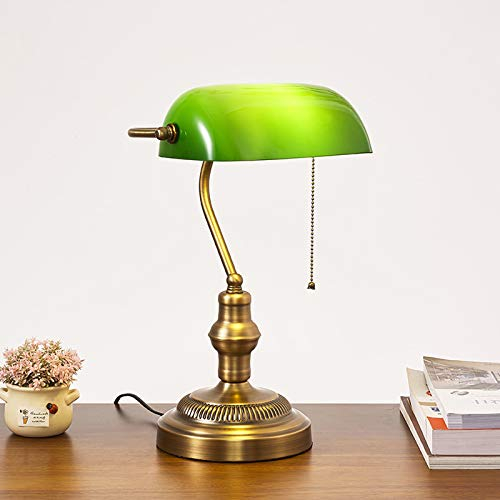 QJUZO Vintage Grün Bankerlampe, Nostalgische Retro Schreibtischlampe mit Zugschalter, Antiquität Design Bibliotheksleuchte, Metall, Einstellbarer, Glas, E27