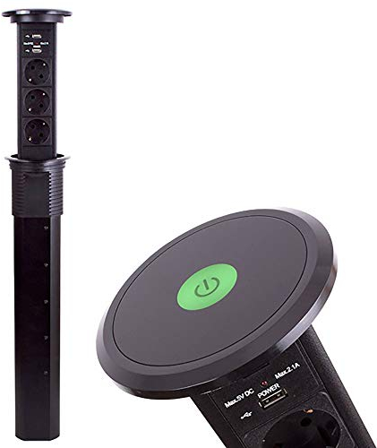Automatisch versenkbare Steckdose für Küche und Büro mit Touch-Funktion - Steckdosenleiste aus Aluminium, Tischsteckdose mit 3-Fach Steckdosenelement und 2X USB | Schwarz