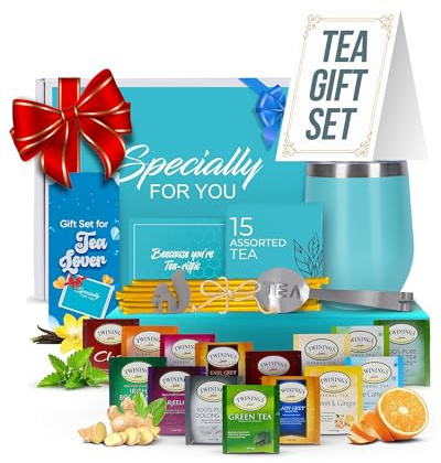 Modern Elegance Tea Tumbler Gift Set – Includes Tea Bag Holder, Spoon, Honey Straw, 15 Assorted Flavor Blends & Hot & Cold 12oz Insulated Tumbler – Ideal for Holiday Gift for Tea Lovers – Teal