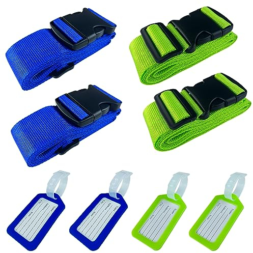 Nutabevr 4 Stück Koffergurt mit 4 Stück Gepäckanhänger Set, rutschfest Einstellbare Kofferbänder mit Adressschild Kreuzgurt Koffer Zubehör, für Schnell erkennen Gepäck Reisetasche Koffer