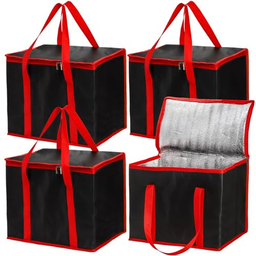 Cididu 4 Pack Reusable Grocery Shopping Bags, X-Large Food Tote Bag with Handle, Collapsible Pizza Delivery Bags with Zippered Top and Baseboard for Kitchen, Camping, Clothes, Picnic, Travel