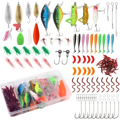 AMZSKU 116 pezzi di esche da pesca assortite, inclusi filatori, VIB, ganci alti, ganci singoli, ganci girevoli, pinze, guide, ecc. per pesca in acqua dolce e salata