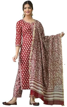 HSD Ensemble kurta indien pour femme avec dupatta ethnique avec pantalon, Rouge/Beige, Medium