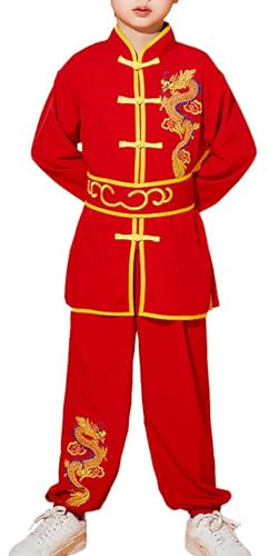 Yeahdor Barn pojkar Kung Fu uniform långärmad Kung Fu skjorta med Wushu byxor bälte kinesisk kampsport kläder set, röd, 146-152