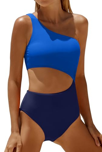 Yonique Women's One Piece Bathing Suit Swimsuit One Shoulder Cutout Swimwear Monokini, Navy Bule, Medium