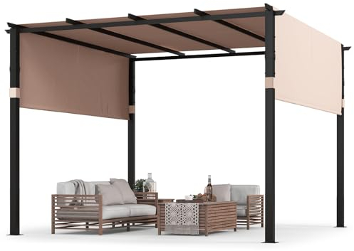 RELAX4LIFE Pergola con Tetto Piatto 305 x 305 cm, Pergola con Tetto Regolabile e Retrattile, Gazebo per Grill da Esterno, Telaio in Metallo Pesante per Giardino, Piscina (BEIGE)