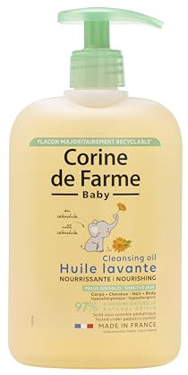 Corine de Farme, Pflegendes Waschöl, 500 ml, für Babys, Ringelblumenextrakt, hypoallergen, sanfte Reinigung für trockene bis sehr trockene Haut, geeignet für das Haar, 97% natürliche Inhaltsstoffe