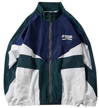 Generisch 2025 Chaqueta de estilo retro de gran tamaño con colores de patchwork, ropa deportiva casual vintage, cortavientos, talla M, verde, M