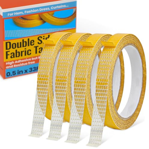 Doppelseitiges Gewebeklebeband Heavy Duty für Saum，Mode Kleid, Tuch, Vorhänge,Stark haftend, aber ablösbar und rückstandsfrei, Kein Nähen oder Bügeln erforderlich, vielseitig einsetzbar,1.3cmx10m/x 4R