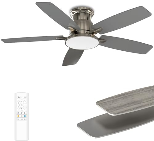 Flush Mount Ceiling Fan with Light, 42 Inch, Remote Control, 3CCT Dimmable LED, 6-Speed Silent Reversible DC Motor, Low Profile Hugger Ceiling Fan for Indoor/Outdoor 90-264V 50/60Hz Brushed Nickel