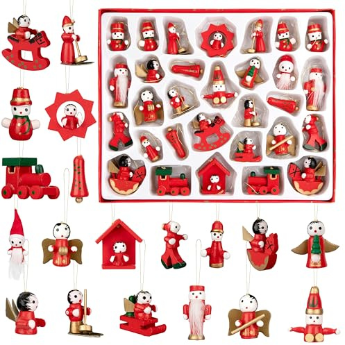 Addobbi Natalizi di Legno, Decorazioni per Albero di Natale, Mini Bambola Ornamenti in legno Natalizi da Appendere per Feste di Vacanza, Dipinti a Mano, Figure Alte Fino a 2,5–4 cm, 30 Pezzi