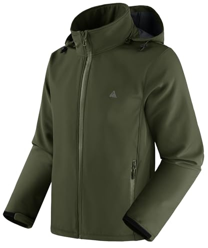 SwissWell Veste Softshell Hommes Imperméable Coupe-vent Veste Hiver Manteau Doublée Polaire à Capuche Outdoor Blouson Mi Saison pour Randonnée Camping Travail Pêche Vert militaire XL