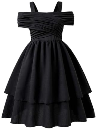 Robe d'été élégante pour filles, robe à épaules dénudées à étages pour filles, robe évasée pour filles de 8 à 12 ans, Noir , 11 ans