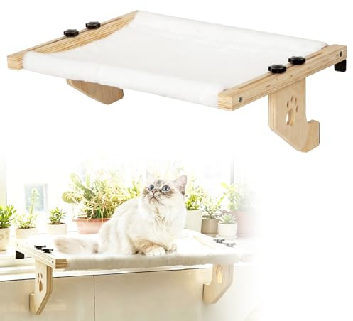 Amaca per gatti per riscaldamento, sdraio sospesa per gatti con telaio in legno e rivestimento in peluche, lettino per gatti con accessori di montaggio, letto per gatti da balcone, rivestimento