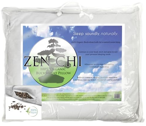 ZEN CHI Organic Queen Size Buckwheat Pillow for Sleeping (20X30) w Natural Cooling Technology, All Cotton Cover w Organic Buckwheat Hulls Comfortable Sleep, Naturally Adjusts to Head