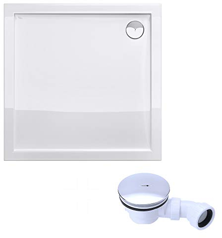 doporro Plato de ducha plano diseño Faro1W 70x70x4cm acrílico en blanco Cuadrado incl. válvula de desagüe AL02 adecuada para instalación a nivel del suelo y conexiones-DIN