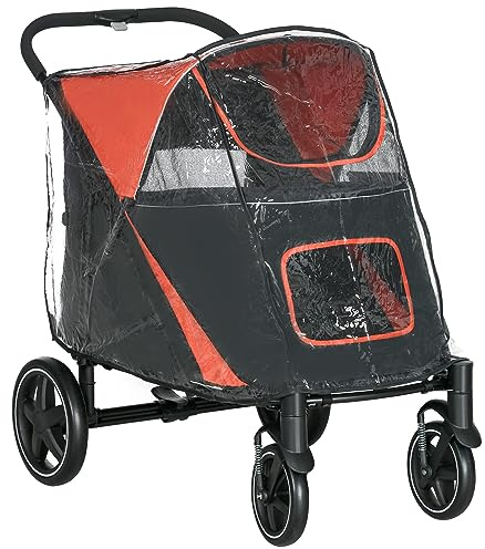 PawHut One-Click Foldable Pet Travel Stroller with Rain Cover, Cat Dog Pushchair with Universal Front Wheels, Shock Absorber, Storage Bags, Mesh Window, Safety Leash for Large and Medium Dogs (Red)