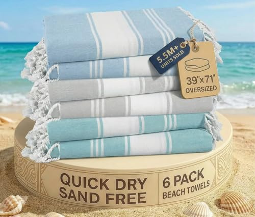LANE LINEN Beach Towels 6 Pack, Bulk Beach Towels Oversized, Pool Towels for Adults, Pre-Washed, Sand Free Beach Towel, Fast Drying Beach Towel, 39x71 - Classic Color