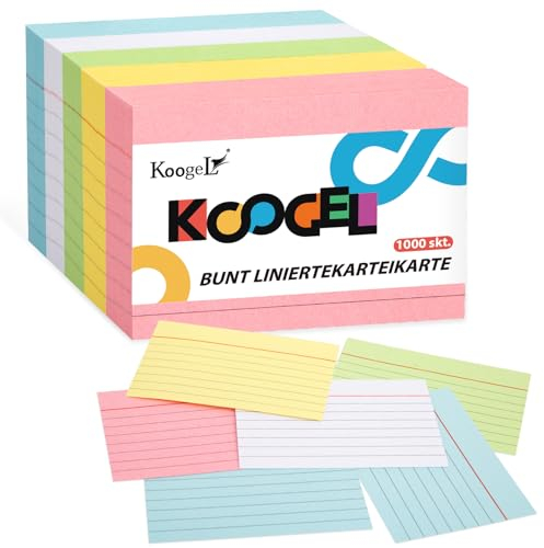 Koogel Karteikarten A8 1000er Set, Lernkarten in 5 Farben für Studium, Vokabeln, Abitur, TestDaF, Medizinstudium, 7.3 x 5.1 cm