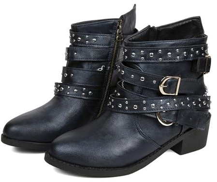 tinetill Stiefel Damen Nieten Blockabsatz Reißverschluss Stiefel Freizeit Kunstleder Westernstiefel Vintage Modische Lederstiefel Herbst Winter Kurzer Schaft Schuhe Biker Boots