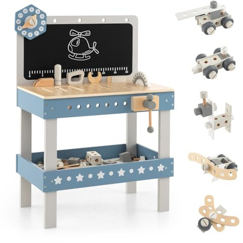 COSTWAY Wooden Kids Workbench, Children's Tool Bench with Play Tools Set, Blackboard, Rotatable Clock & Storage Shelf, Toddlers Construction Pretend Role Play Set for Ages 3 +