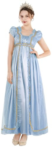 CR ROLECOS Regency Vestidos para mujer, vestido rosa de la era de la regencia, cintura imperio, vestido de fiesta de té con guantes, talla M