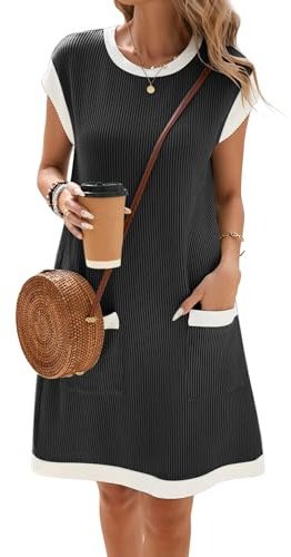 Famulily Women's Summer Dresses for Women Cap Sleeve Swing Dress Casual Ribbed Color Block Beach Sundress with Pockets Black XXL