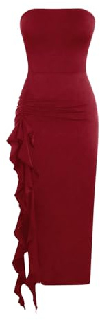 GORGLITTER Women's Ruffle Trim Strapless Tube Bodycon Dress Asymmetrical Cocktail Maxi Dresses Sexy Club Party Outfit Red L