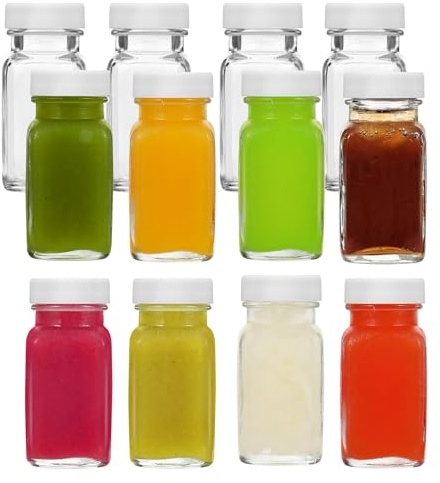 LIMILI 12pcs 60ml Glass Shot Bottles with Lids, Reusable Small Clear Ginger Bottles, Wide Mouth Leakproof Mini for Drinking, Dishwasher and Fridge Safe