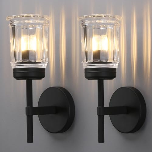 Yosoan Indoor Vintage Wall Sconce Set of 2, Modern Retro Vanity Industrial Hardwired Wall Mounted with Clear Transparent Striped Cup-Shaded Glass Shade for Living Room Bedroom Fireplace(Black)