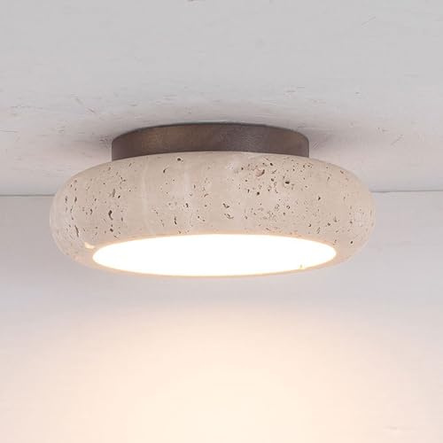 LLXDFUU Plafonnier encastré en pierre naturelle vintage Bol en travertin jaune Luminaires de chambre à coucher pour montage au plafond 18W Salon Plafonnier nordique 3000K Lustre rond pour salle de bai