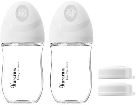 Natural Glass Baby Bottle for Breastfeeding Babies, Newborn Anti-Colic Bottle with Slow Flow Teat (S), 0-6 Months, 160ml, Wide Neck, 2 Pack - White