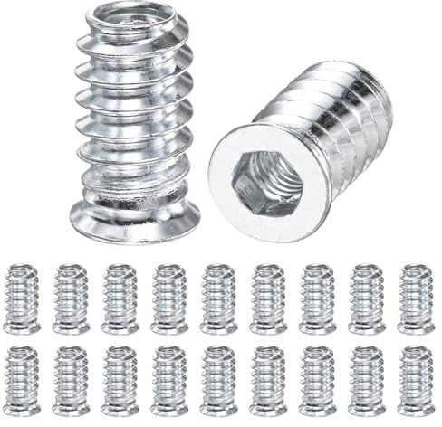 M METERXITY 20-Pack Threaded Inserts for Wood, M6x20mm Hex Drive Threaded Insert Nuts for Wood Furniture, Threaded Screw-in Nuts [Silver Tone]