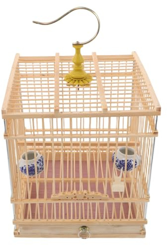 POPETPOP Jaula para Pájaros de Bambú Carbonizado Estructura Rectangular Estable con Bandeja Extraíble y Gancho Colgante Jaula Decorativa Resistente para Periquitos Agapornis y para Interior