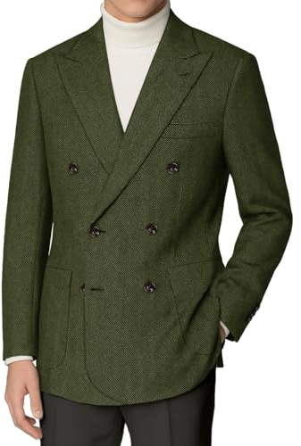 Herringbone Blazer for Men Green Tweed Jacket Slim Fit Retro Double Breasted Suit Business Wool Blend Sport Coat Size M